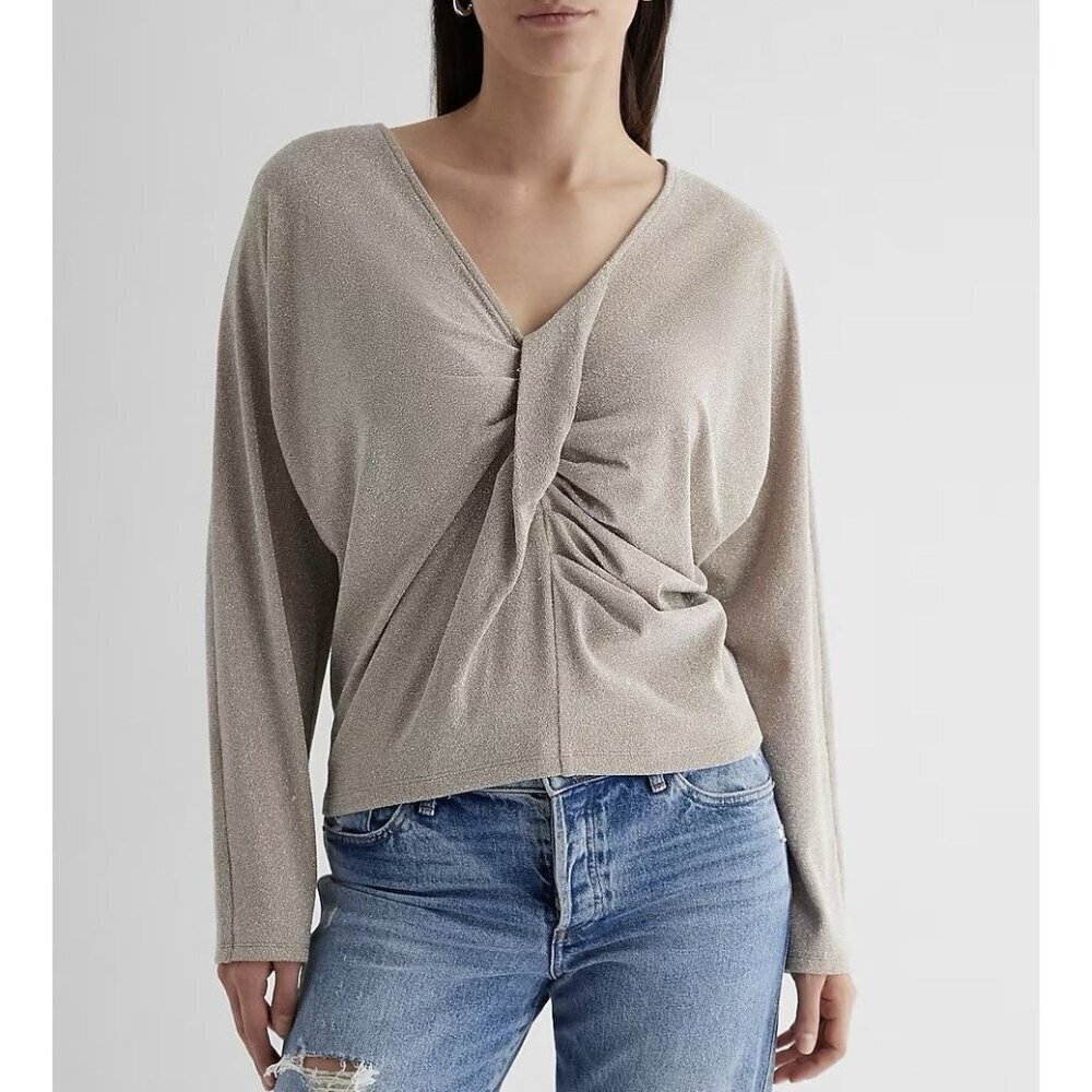 Express Womens Metallic V-Neck Long Sleeve Twist Front Draped Top Size XS NWT$54